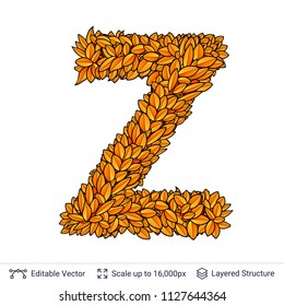 Letter Z sign of autumn leaves. Fall bright orange leaves element. 