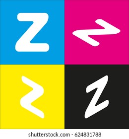 Letter Z sign design template element. Vector. White icon with isometric projections on cyan, magenta, yellow and black backgrounds.