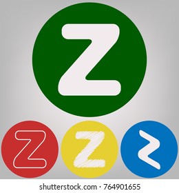 Letter Z sign design template element. Vector. 4 white styles of icon at 4 colored circles on light gray background.