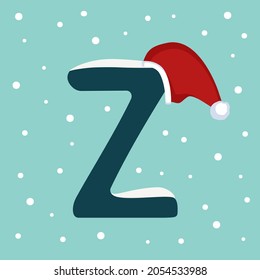 Letter Z with snow and red Santa Claus hat. Festive font for Christmas and New Year