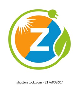 Letter Z Solar Energy Logo Design Concept with Sun, Leaf and Electric Plug Solar Panel Vector Template