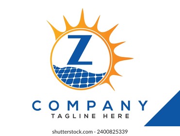 Letter Z with solar panel and sun sign Logo Design Vector Template.