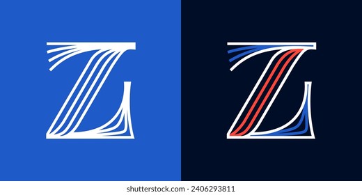 Letter Z sport logo. Blue and red lines font. Patriotic emblem for Independence or Veterans Day. Serif type for college baseball team, basketball uniform, vintage style headlines, motorcycle magazine.