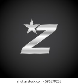 Letter Z Star with metallic texture,3d Glossy, metal texture, Silver, steel logotype