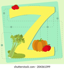 Letter "z" from stylized alphabet with fruits and vegetables: apple, pumpkin, celery, cucumber, strawberry