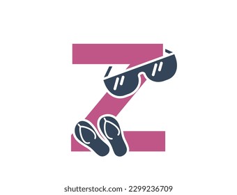 letter z with sunglasses and flip flops. vacation and resort text logo. summer tourism design. isolated vector color image