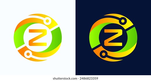 Letter Z technology logo with circles and circuit board lines with letter Z inside for digital, data, connection in green and orange gradient colors