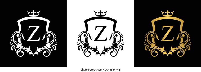 Letter Z template logo shield letter with crown. alphabet . Beautiful royal initials letter.
