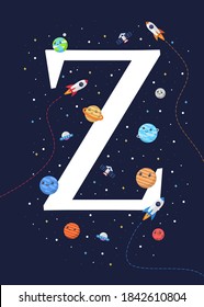 The letter Z with the theme of outer space for Children. Letter graphic vector illustration for kids on outer space theme. space kids, letters for children.