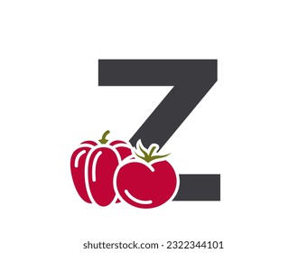letter z with tomato and bell pepper. vegetable alphabet logo. harvest, farming and agriculture design. isolated vector image