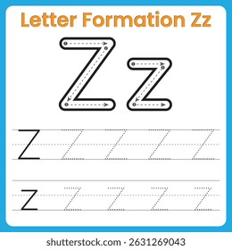 Letter Z Tracing Worksheet for Kids – Uppercase and Lowercase Zz Handwriting Practice with Dotted Lines and Stroke Arrows – Preschool Alphabet Learning Printable
