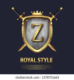 Letter Z and two crossed swords and shield with crown. Letter Design in gold color for uses as heraldic symbol of power, loyalty, security, emblem, logo. Background Vector illustration.