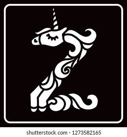 Letter "Z" unicorn. Written by unicorns. Letter in the style of the unicorn. Fairytale font. Trend print on a T-shirt. Logo "Z". Isolated on a black background. Metal pin. Unicorn alphabet.
