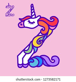 Letter "Z" unicorn. Written by unicorns. Letter in the style of the unicorn. Fairytale font. Multicolored mane. Trend print on a T-shirt. Metal pin. Unicorn alphabet.