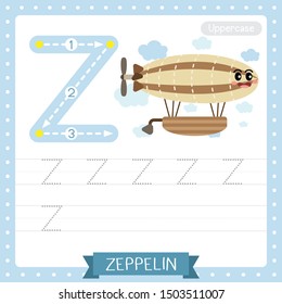 Letter Z uppercase cute children colorful transportations ABC alphabet tracing practice worksheet of Zeppelin for kids learning English vocabulary and handwriting Vector Illustration.