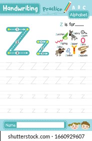 Letter Z uppercase and lowercase cute children colorful ABC alphabet trace practice worksheet for kids learning English vocabulary and handwriting layout in A4 vector illustration.