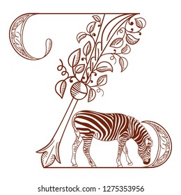 Letter Z. Vector letter engraving style with flower and animal. Sketch hand drawn vintage