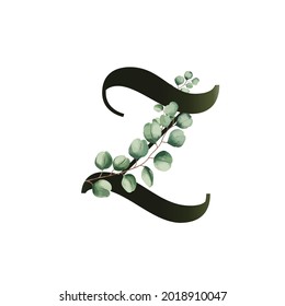 Letter Z Vektorgrafik mit Eukalyptusblättern. Blumenalphabet. Monogram Initials sind perfekt für Hochzeitseinladungen, Grußkarten, Logo, Poster. Festliches Design.