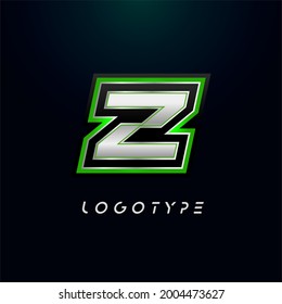 Letter Z for video game logo and super hero monogram. Sport gaming emblem, bold futuristic letter with sharp angles and green outline. Tilted sharp letter type on black background