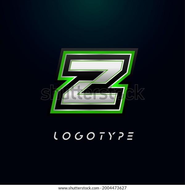 Letter Z for video\
game logo and super hero monogram. Sport gaming emblem, bold\
futuristic letter with sharp angles and green outline. Tilted sharp\
letter type on black\
background