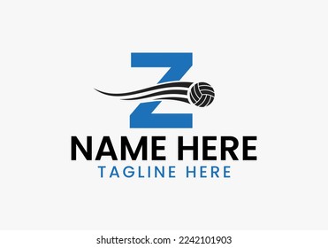 Letter Z Volleyball Logo Concept With Moving Volley Ball Icon. Volleyball Sports Logotype