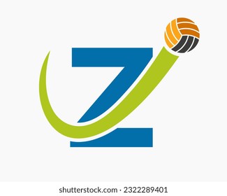 Letter Z Volleyball Logo Concept With Moving Volley Ball Icon. Volleyball Sports Logotype Template