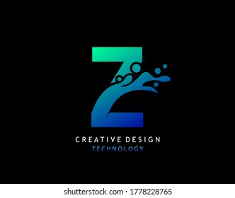 Letter Z Water Splash Logo. Modern Techno Alphabetical Icon, Template Design.