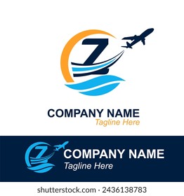 Letra Z con logotipo de Onda y Avión Volador para Agencia de Viajes. Logotipo de diseño vectorial para etiqueta de transporte de viajes, turismo, publicidad de la compañía de vuelos