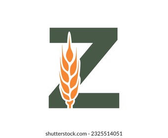 letter z with wheat ear. harvest and organic food text logo. cereal farming, agriculture and grain crops design. isolated vector color image