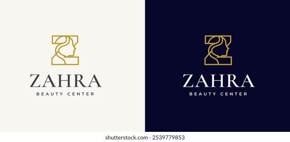 Letra Z con diseño de logotipo de icono de cara de mujer. Logotipo de la cara de la mujer en la letra Z. Símbolo de la letra Z para la identidad del icono de la cara de la mujer del balneario de la belleza. Ilustración vectorial del alfabeto