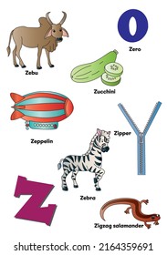 Letter Z, words starting with the letter Z, objects
