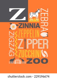 Letter Z words typography illustration alphabet poster design
