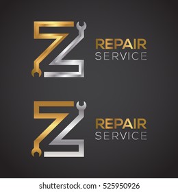 Letter Z with wrench logo Gold and Silver color,Industrial,repair,tools,service and maintenance logo for corporate identity