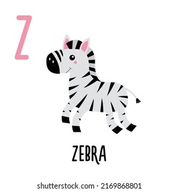 Letter Z Zebra. Animal and food alphabet for kids. Cute cartoon kawaii English abc. Funny Zoo Fruit Vegetable learning. Education cards. Isolated. Flat design. White background. Vector illustration