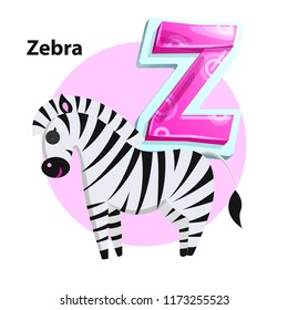 Letter Z for Zebra cartoon alphabet for children. Volume symbol with pattern, striped wild horse with bushy mane and tail brush, vector icon isolated