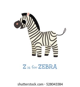 Letter Z is for Zebra. Cute children zoo alphabet flash card. Funny cartoon animal. Kids abc education. Learning English vocabulary. Vector illustration.