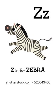 Letter Z is for Zebra. Cute children zoo alphabet flash card. Funny cartoon animal. Kids abc education. Learning English vocabulary. Vector illustration.