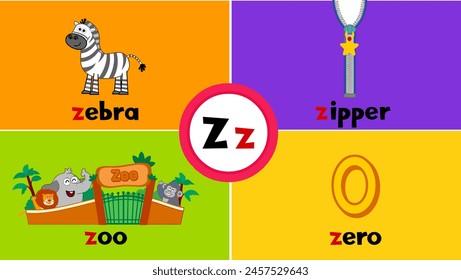 Letter Z z, zebra, zoo, zipper, zero, Flashcard, Alphabet, Learning, Preschool, Vocabulary, Teaching