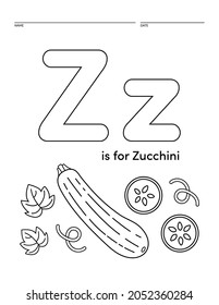 Letter Z is for Zucchini Alphabet Learning Worksheet Coloring Book Page