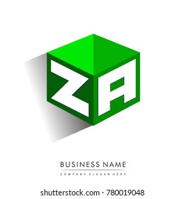 Letter ZA logo in hexagon shape and green background, cube logo with letter design for company identity.
