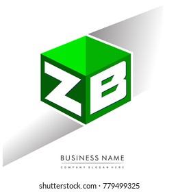 Letter ZB logo in hexagon shape and green background, cube logo with letter design for company identity.

