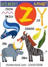 Letter Z.Cute children's alphabet with adorable animals and other things.Poster for kids learning English vocabulary.Cartoon vector illustration.