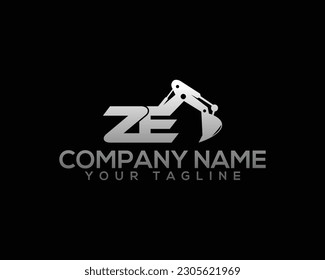 Letter ZE Excavator Logo Design Concept. Creative Excavators, Construction Machinery Special Equipment Vector Illustration.