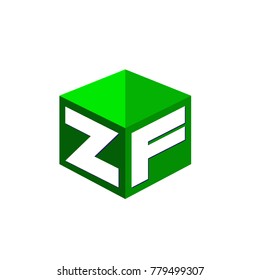 Letter ZF logo in hexagon shape and green background, cube logo with letter design for company identity.
