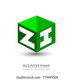 Letter ZI logo in hexagon shape and green background, cube logo with letter design for company identity.
