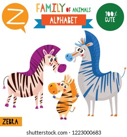 Letter Z-Mega big set.Cute vector alphabet with family of animals in cartoon style.