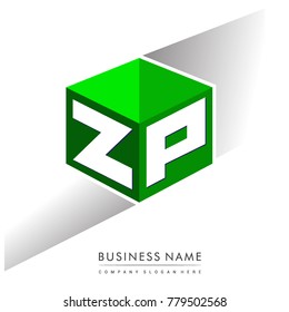 Letter ZP logo in hexagon shape and green background, cube logo with letter design for company identity.
