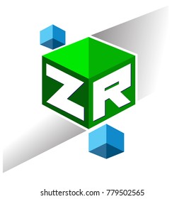 Letter ZR logo in hexagon shape and green background, cube logo with letter design for company identity.
