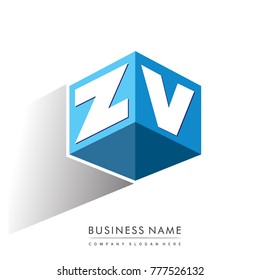 Letter ZV logo in hexagon shape and blue background, cube logo with letter design for company identity.
