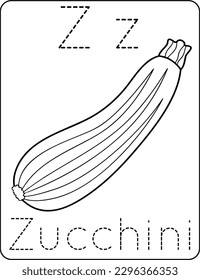 Letra zz mayúscula y minúscula, niños lindos coloreando un zucchini, hoja de cálculo de práctica de seguimiento del alfabeto ABC de un zucchini para niños que aprenden vocabulario inglés y ilustración de vector de escritura a mano